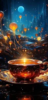 Whimsical glowing tea cup with floating orbs and blue celestial background.