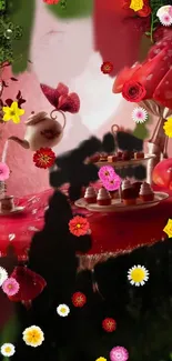 Whimsical fantasy tea party with red mushrooms and flowers.