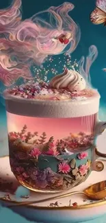 Whimsical tea cup with pink smoke and butterflies in fantasy artwork.