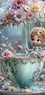 Whimsical flower fairy in teacup scene with pastel colors.