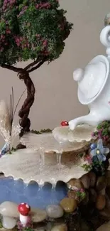 Whimsical garden scene with teapot and waterfall.