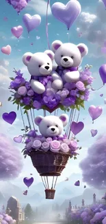 Teddy bears in a purple hot air balloon with heart-shaped balloons in the sky.