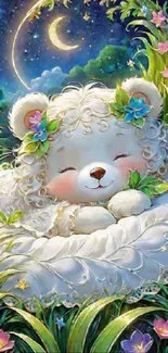 Whimsical teddy bear in a colorful night garden with a crescent moon.