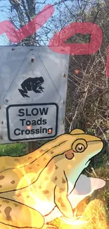 Whimsical toad crossing sign with cartoon toad on a grassy path.