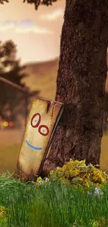 Whimsical tree art with a painted face in a countryside setting.