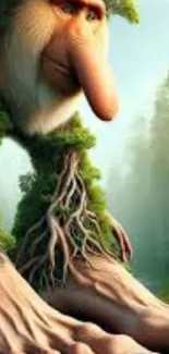 Whimsical art of a tree-like creature in a forest setting.