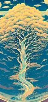 Whimsical illustration of a majestic tree against a surreal navy blue sky.