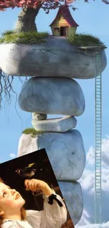 Fantasy art with stacked stones and treehouse under blue sky.