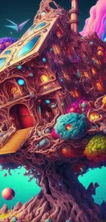 Whimsical fantasy treehouse with vibrant colors and mystical design.