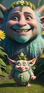 Whimsical trolls surrounded by flowers and greenery.