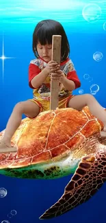 Child riding turtle in vibrant ocean wallpaper with bubbles.