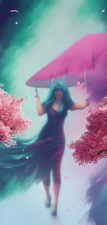 Dreamy whimsical scene with magenta umbrella and cherry trees.