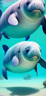 Whimsical cartoon manatees swimming underwater in a serene ocean setting.