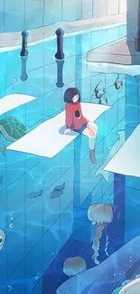 Anime character in whimsical underwater scene with marine life.