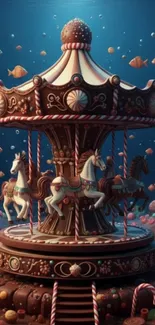 Whimsical candy-themed carousel underwater with marine life.