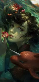 Whimsical underwater fantasy art with serene figure and flowers.