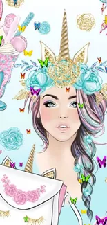 Artistic unicorn illustration with pastel colors and floral elements.