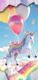 Unicorn with colorful balloons flying in a whimsical sky.