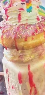 Vibrant unicorn-themed donut shake in a mason jar.