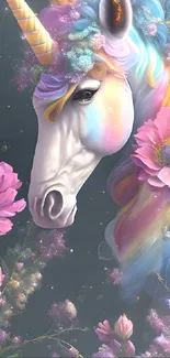 Whimsical unicorn with pink flowers in a fantasy art mobile wallpaper.