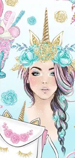 Whimsical unicorn girl with pastel colors in a fantasy art wallpaper.