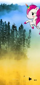 Colorful flying unicorn above serene lake with forest backdrop.