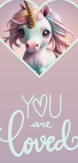 Cute unicorn in heart with loving message