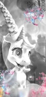 Whimsical unicorn with floral and grayscale effects in mobile wallpaper.