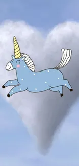 Whimsical unicorn flying in a heart-shaped cloud sky.