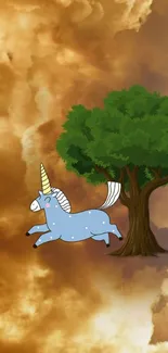 A blue unicorn leaps under a green tree in a mystical brown sky.