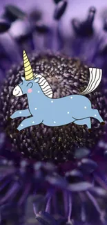 Whimsical blue unicorn on a purple flower background.