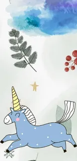 Whimsical blue unicorn with nature elements on mobile wallpaper.