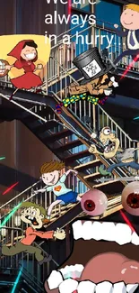 Quirky characters on an urban stairway with bold and colorful design.