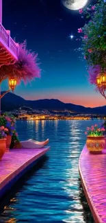 Whimsical waterfront nightscape with vibrant colors and a tranquil canal.