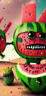 Quirky watermelon-shaped robots in a whimsical desert scene.