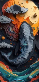 Whale with planets in a vibrant space art scene.