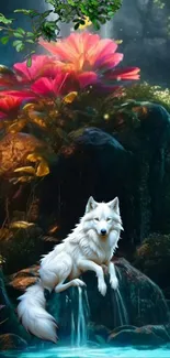 White wolf with bright flowers in a mystical forest wallpaper.