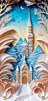 Whimsical church in a snowy landscape with intricate paper art designs.