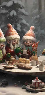 Festive winter scene with elves feasting in snow.
