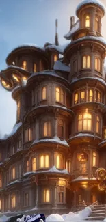 A whimsical winter fantasy house with glowing windows, covered in snow.