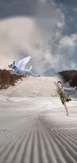 Whimsical winter landscape with fairy and flying dog.