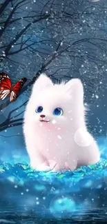 Cute white pet with butterfly in magical winter scene.