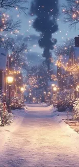 Snowy street with festive lights and a snowman on a winter night.