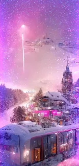 Snowy train journey through a fantastical, pink-hued winter landscape.