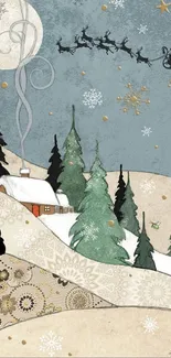 Whimsical winter landscape with Santa and snow.