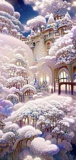 Whimsical winter wonderland with dreamy castle and snow-laden trees.