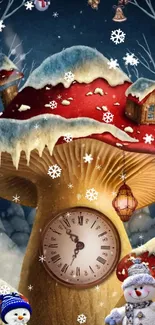 Enchanting winter scene with a snow-covered clock mushroom house.