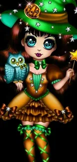 Whimsical witch with owl in vibrant starry scene.