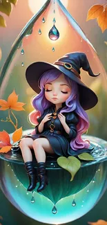 Whimsical cartoon witch inside raindrop with autumn leaves