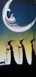 Three witches and cat under a crescent moon in dark, mysterious landscape.